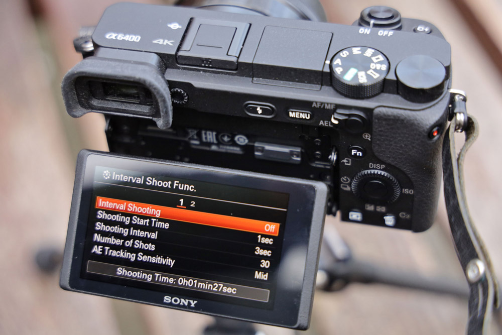 Sony Alpha A6400 menus on display (timelapse settings)