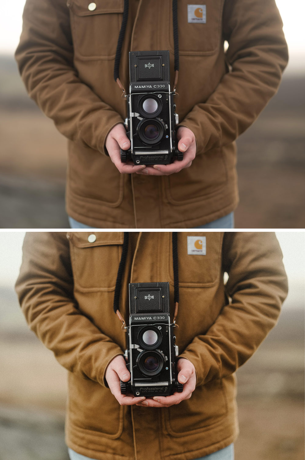 best lightroom presets - Archipelago, example image .Man holding a Mamiya C330.