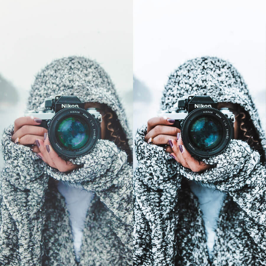 Adobe Lightroom Preset - Loox Nordic, A woman in a black and white textured hoodie holding up a Nikon camera to her eye, white landscape ini the backgound.