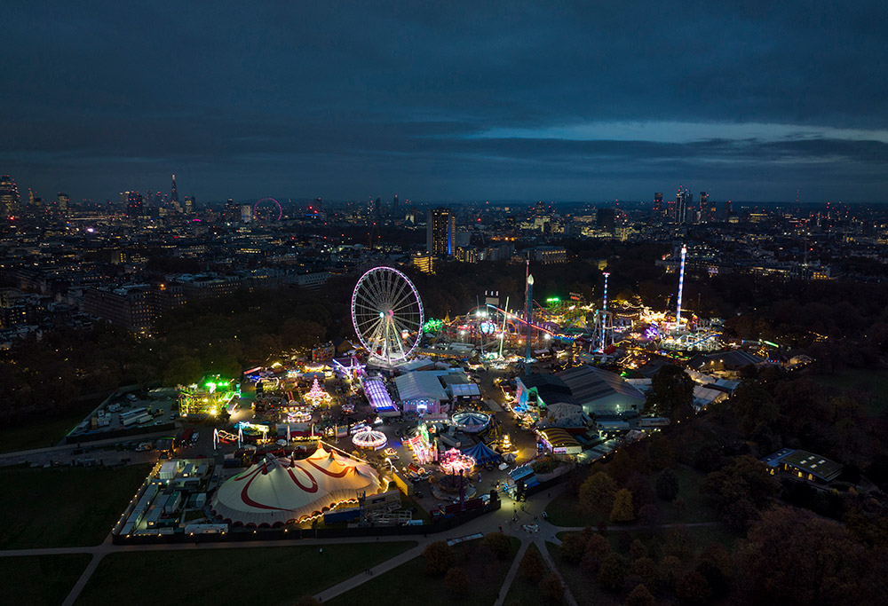 drone photo of winter wonderland at hyde park in london