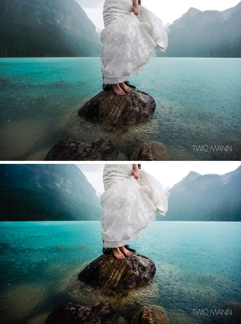 Dvlop lightroom preset sample image - Two Mann Studios. A woman in a white dress standing on a solitary rock, her legs and hand shown in the middle of turquise water, mountains in the background