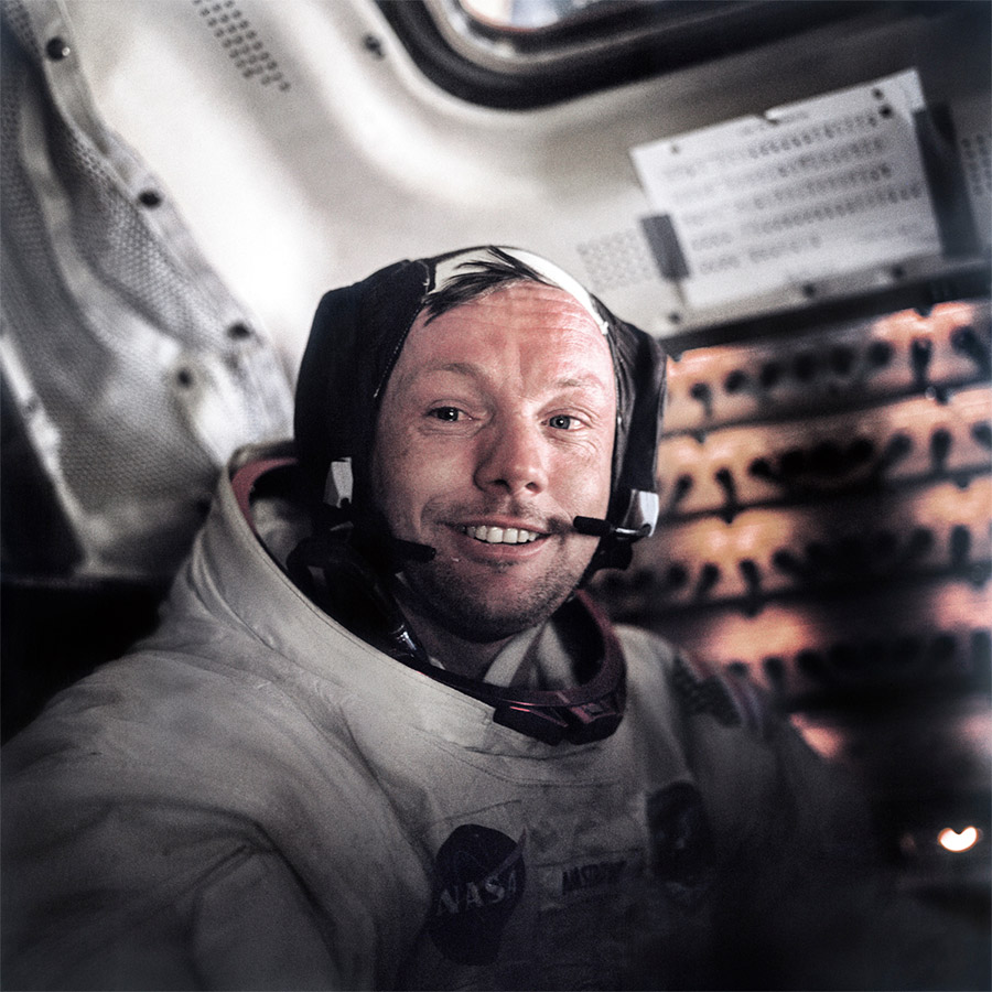 Buzz Aldrin’s portrait of Neil Armstrong, moments after their historic moonwalk. Dry air, pressure changes, moon-dust irritation and sheer exhaustion are thought to have contributed to Armstrong’s red, teary eyes.
