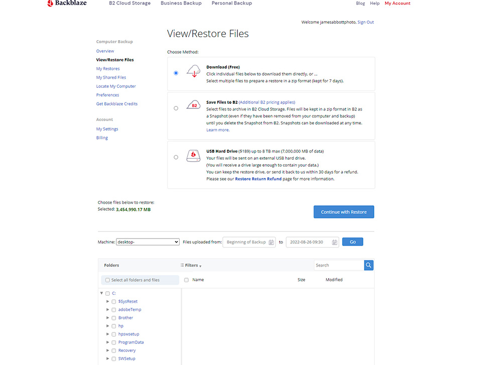 Screenshot of Backblaze