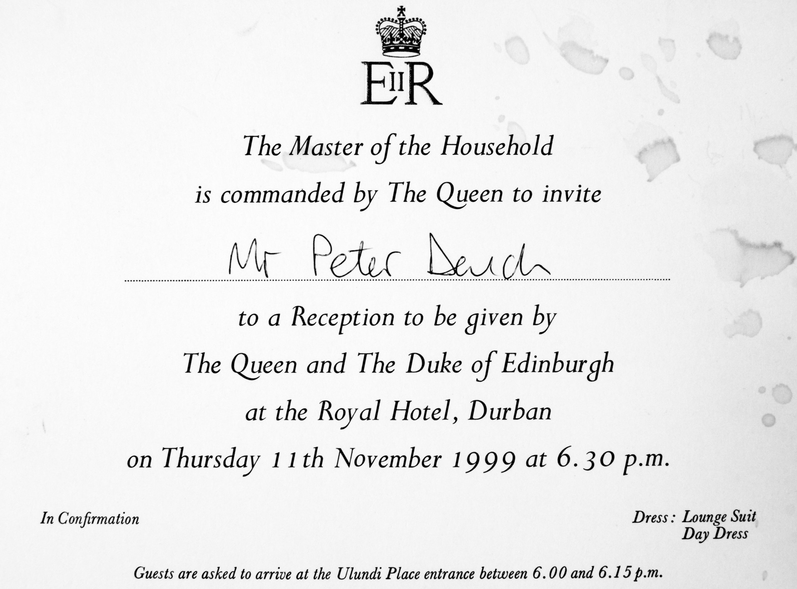 Peter Dench’s invite to the reception at the Royal Hotel, Durban, South Africa, on 11 November 1999. © Peter Dench.