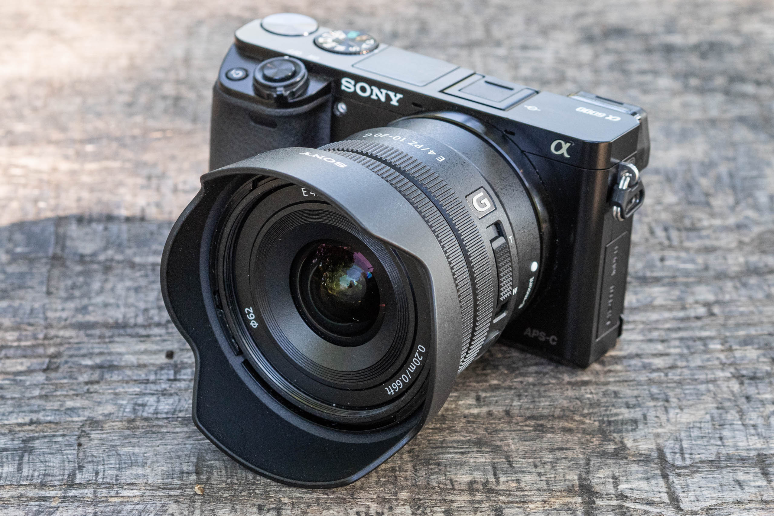 Sony E PZ 10-20mm F4 G with hood on Sony A6000