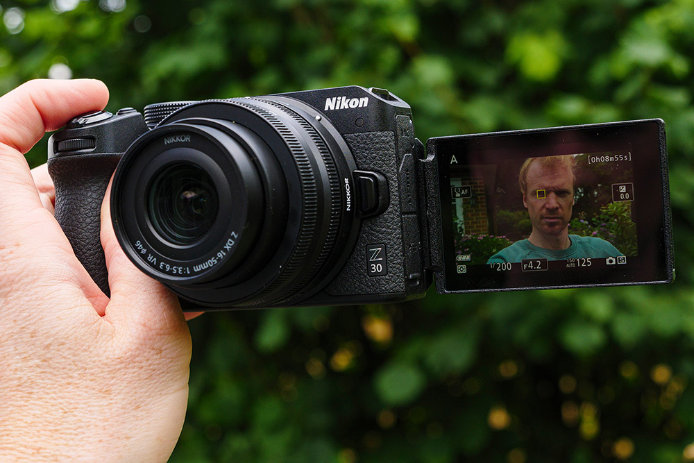 Nikon Z30 mirrorless camera in use for vlogging