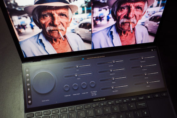 ASUS Zenbook Pro 14 Duo - with second screen showing Lightroom controls (before and after on main screen), photo: Joshua Waller