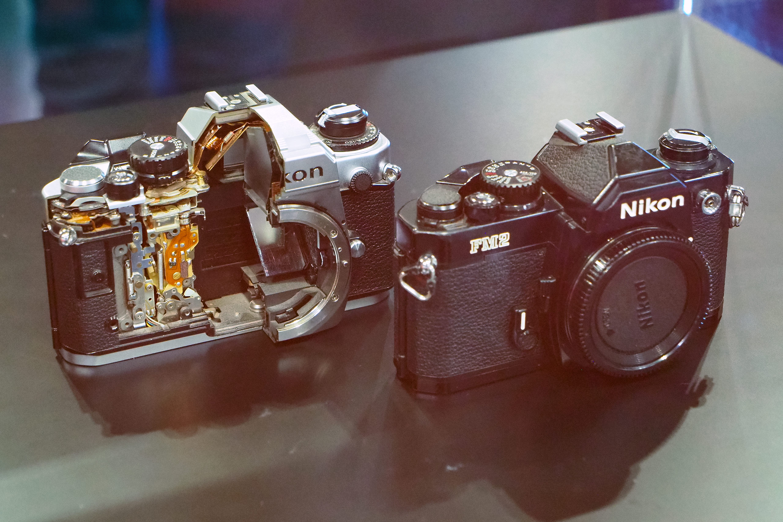 The Nikon FM2 cut open so you can see what's inside this classic 35mm film SLR