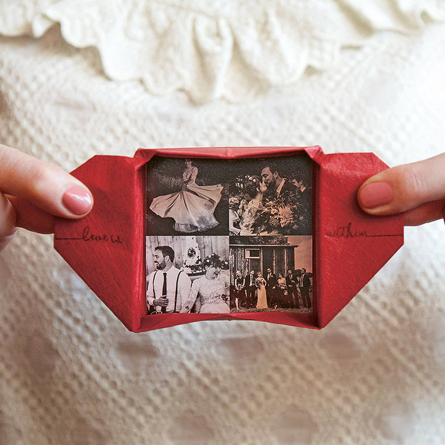 origami heart keepsake with photos printed inside