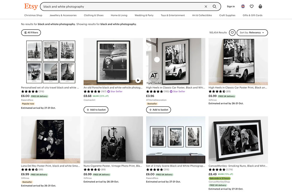 Selling your photography on a platform like Etsy is an excellent way to reach a large target audience although you do have a lot of competition. Screenshot from Etsy.