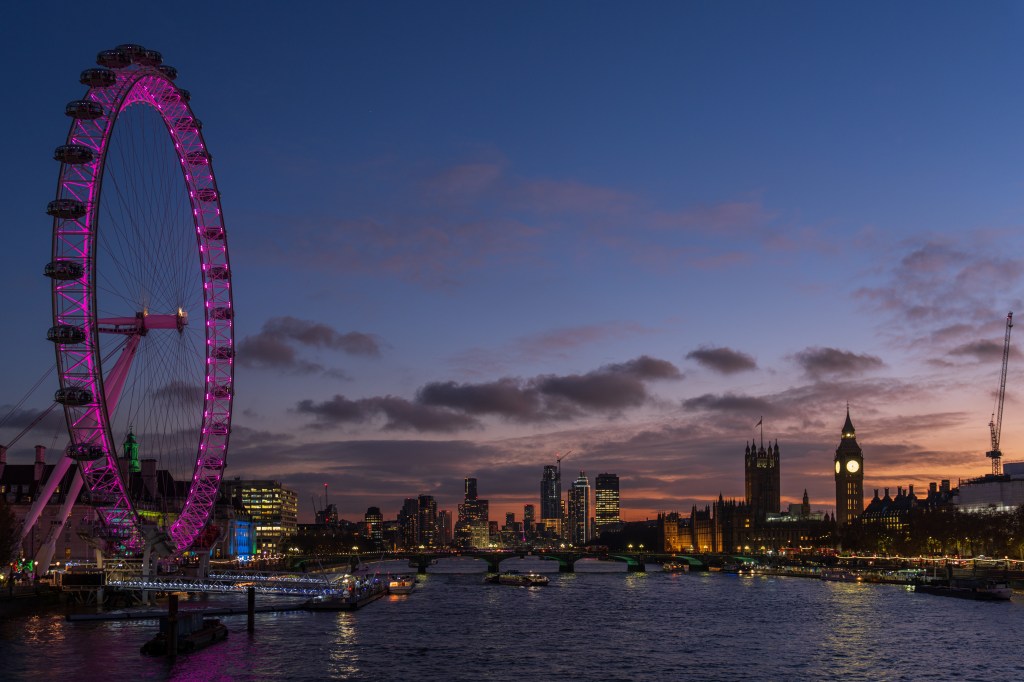 Sony A7R V sample image, London skyline with Big Ben and London Eye at sunset
