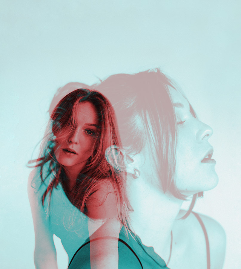 composite image pink and cyan blue portrait of a girl overlayed