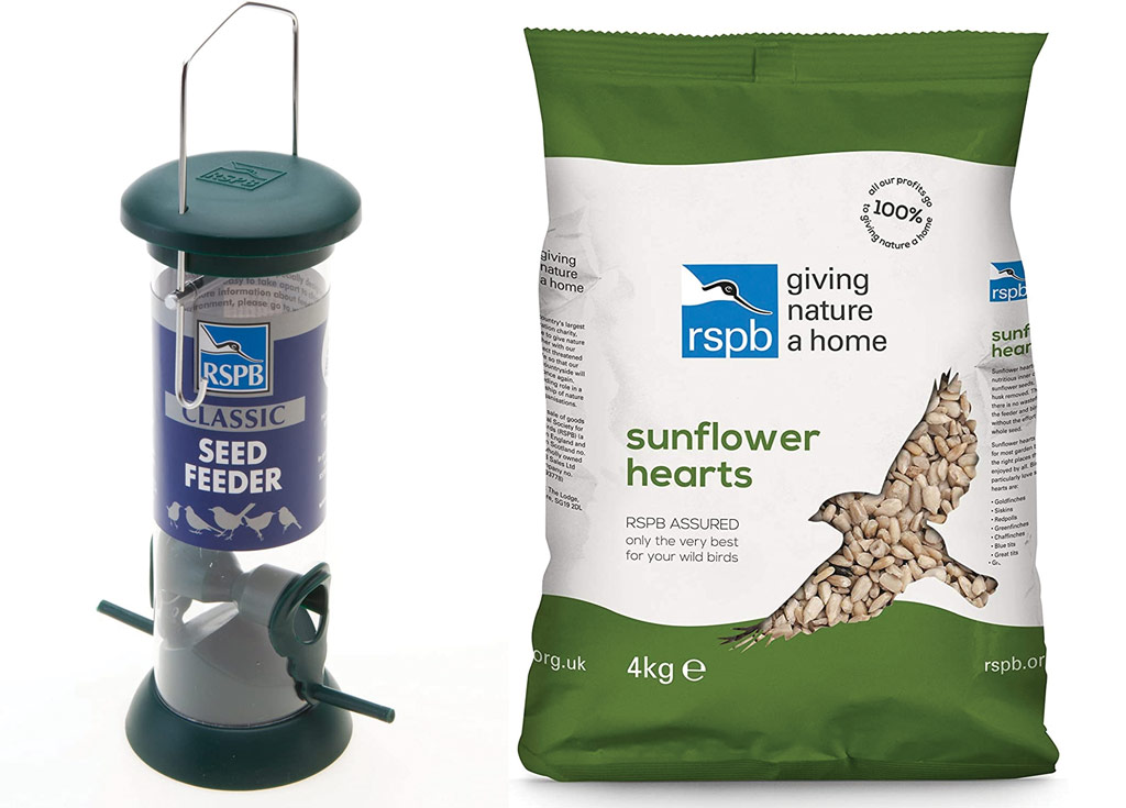 RSPB Sunflower bird feed, and bird feeder
