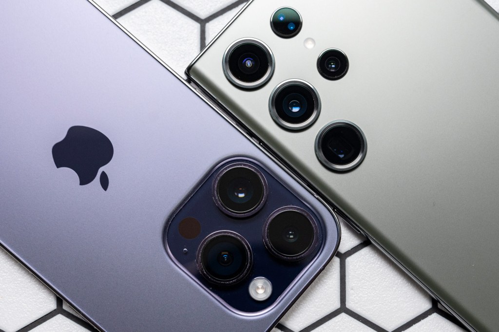 Close up of iPhone 14 Pro and Samsung S23 cameras