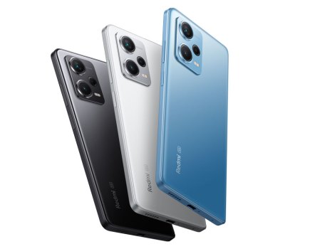 The Redmi Note 12 Pro 5G in black, white and blue against a white background
