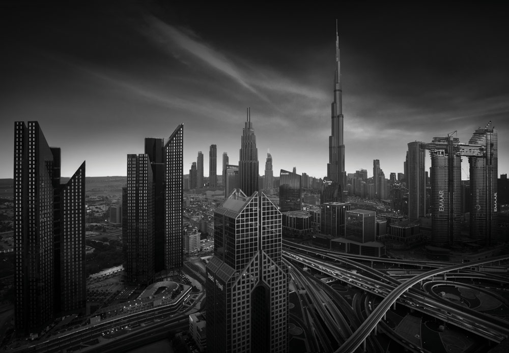 Black and white building photography, Billy Currie, Dubai cityscape from a birds eye view.