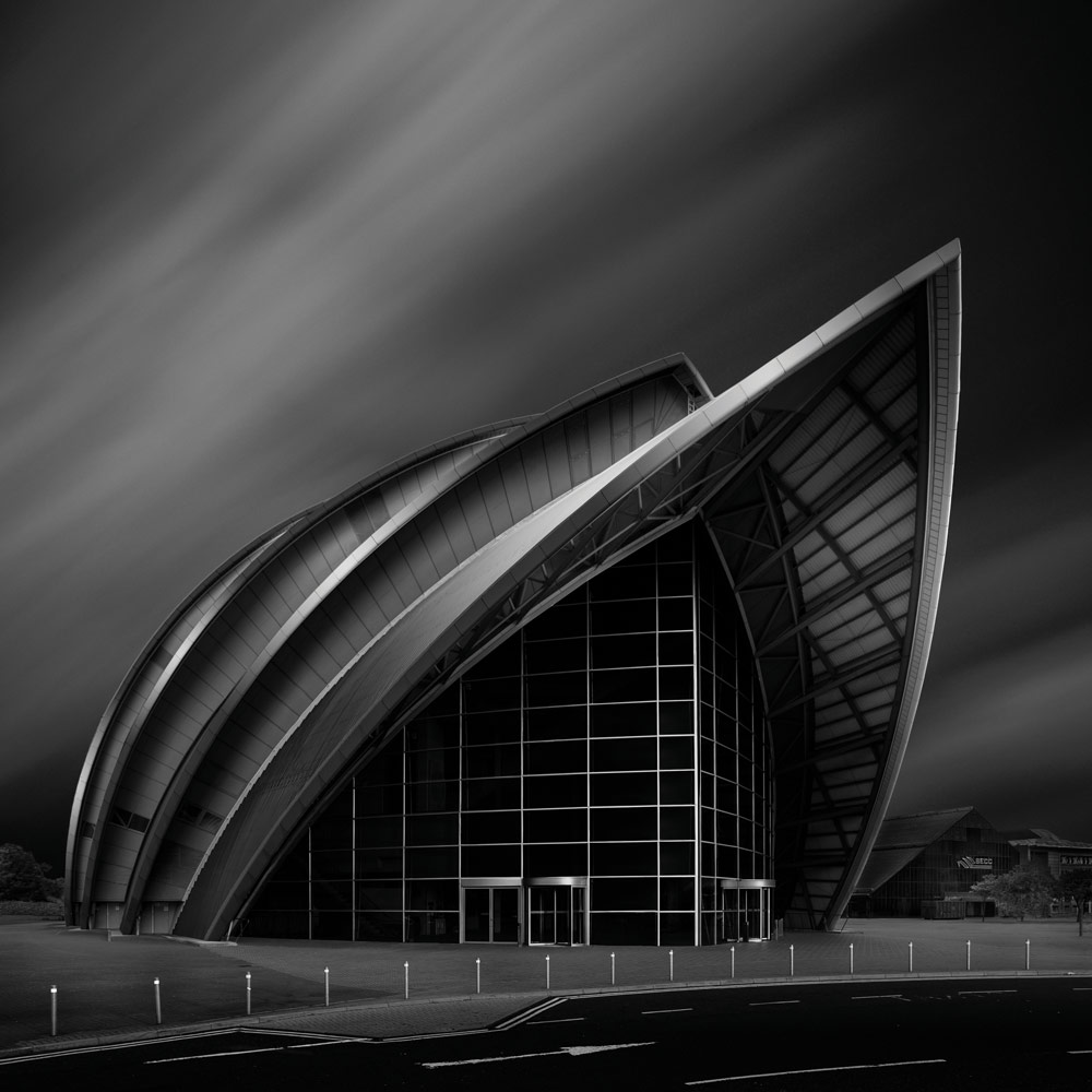 The Armadillo, Glasgow. Black and white long exposure building photography, Billy Currie