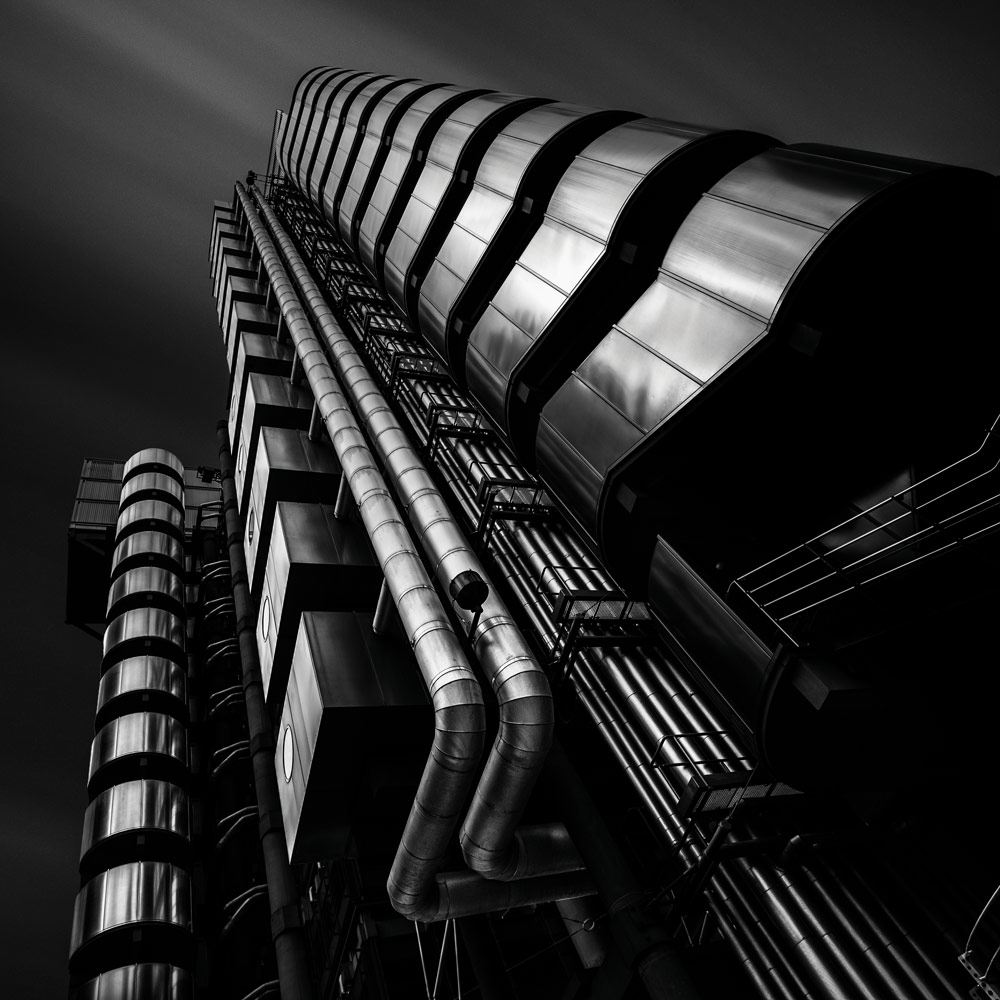Shooting from a low angle upwards, The Armadillo, Glasgow. Black and white long exposure building photography, Billy Currie