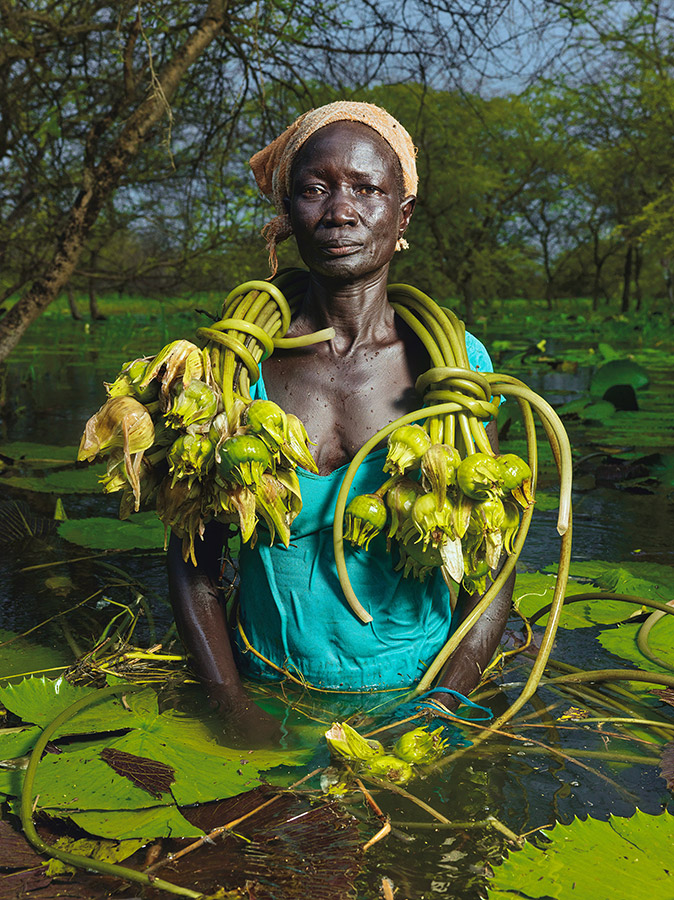 Bol Kek, 45, from Paguir, collects water lily bulbs to be ground up and made into an edible paste. Without fishing nets, it is the only source of food available 