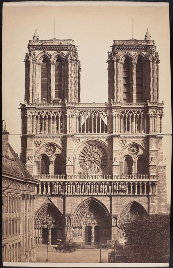 Notre-Dame, Paris, west front. Unknown photographer: Albumen print: 33cm x 51.5cm. The Conway Library, Courtauld Institute of Art This must have been taken shortly after the completion of works on the central portal in 1853. The north portal has not been restored. Some of the 19th-century figures of kings have been put in place in the gallery of kings (the original sculptures were destroyed during the Revolution)