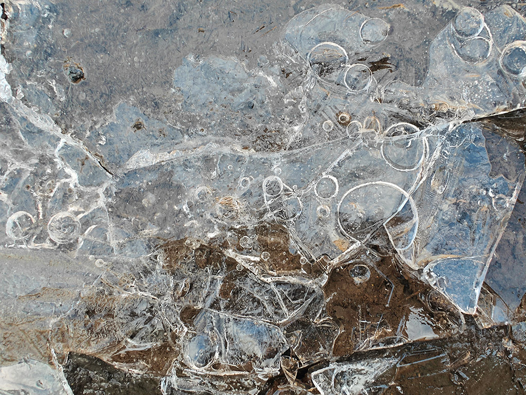 detailed close up macro of a frozen puddle with bubbles trapped