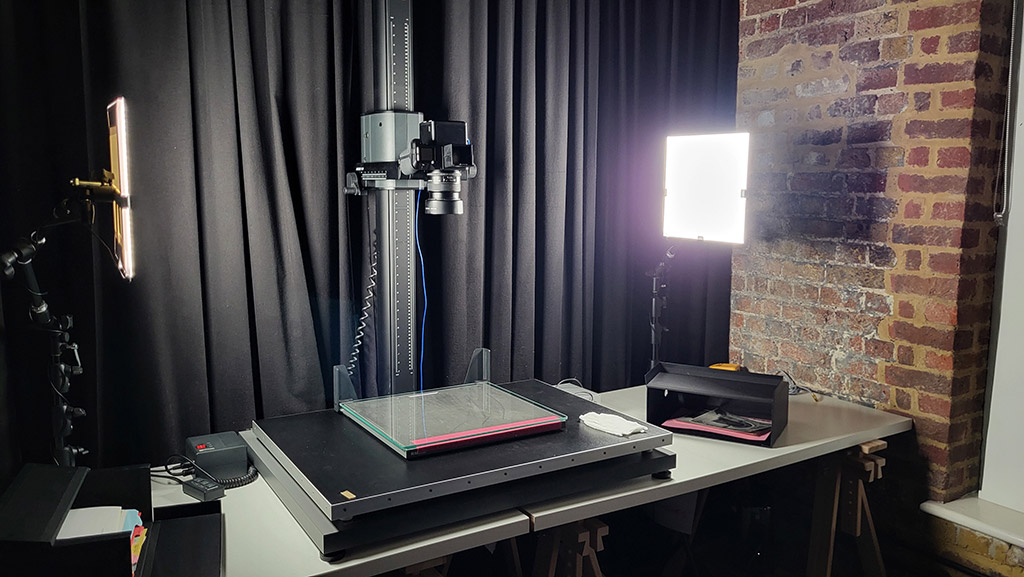 Photography set-up for digitisation. A Phase One camera and continuous studio lighting,