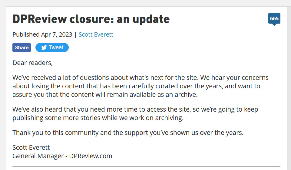 DPReview update on closure, 6th April 2023