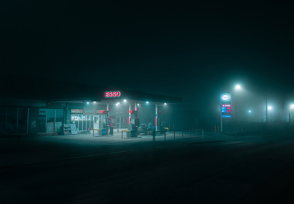 foggy esso petrol station