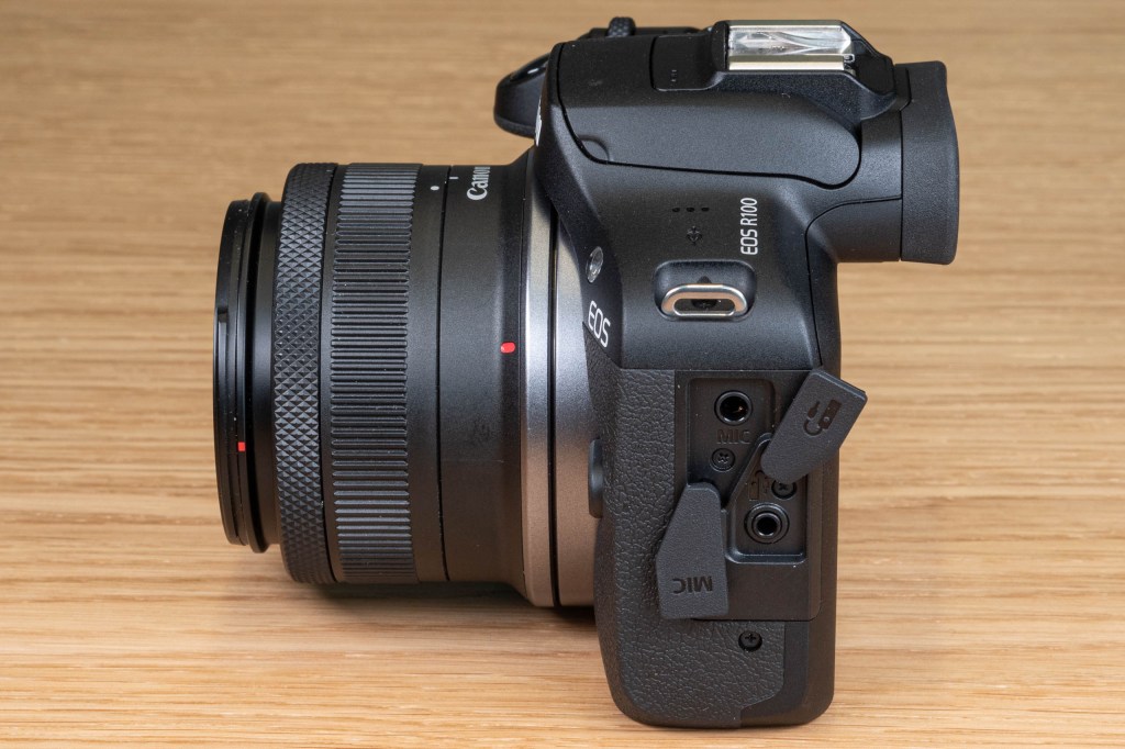 Canon EOS R50 microphone and remote release ports