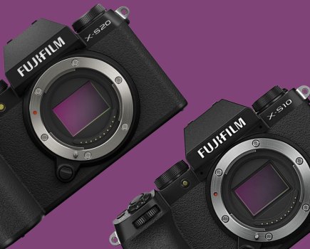 Fujifilm X-S20 and X-S10 side by side on purple background.