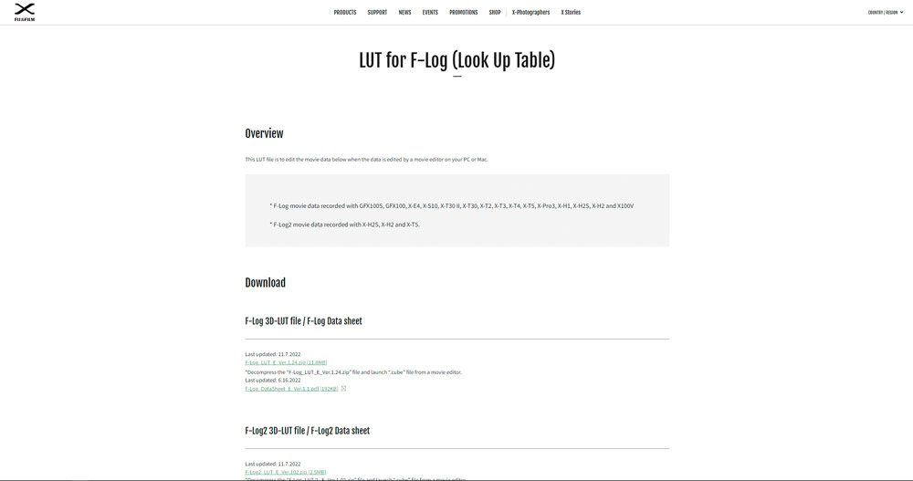 Fujifilm Conversion LUT Download page