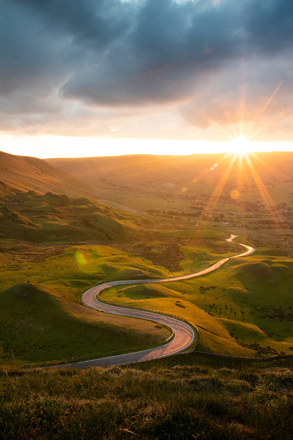 The road to Edale at sunset in the Peak District landscapes