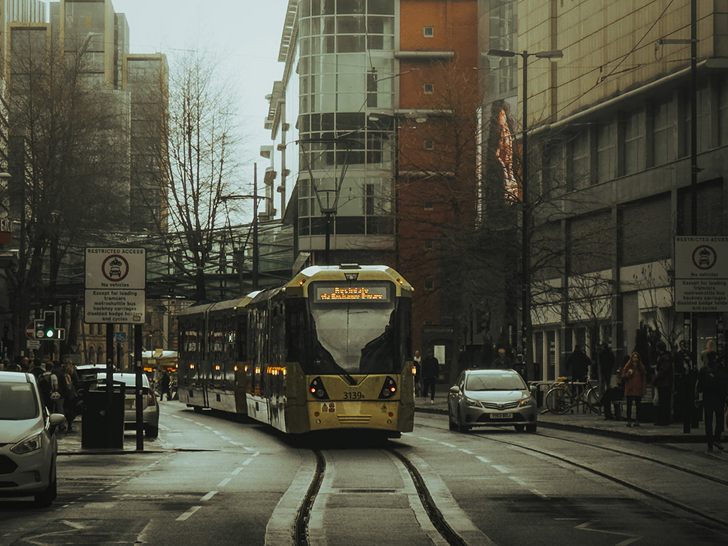 street view of tram in manchester city