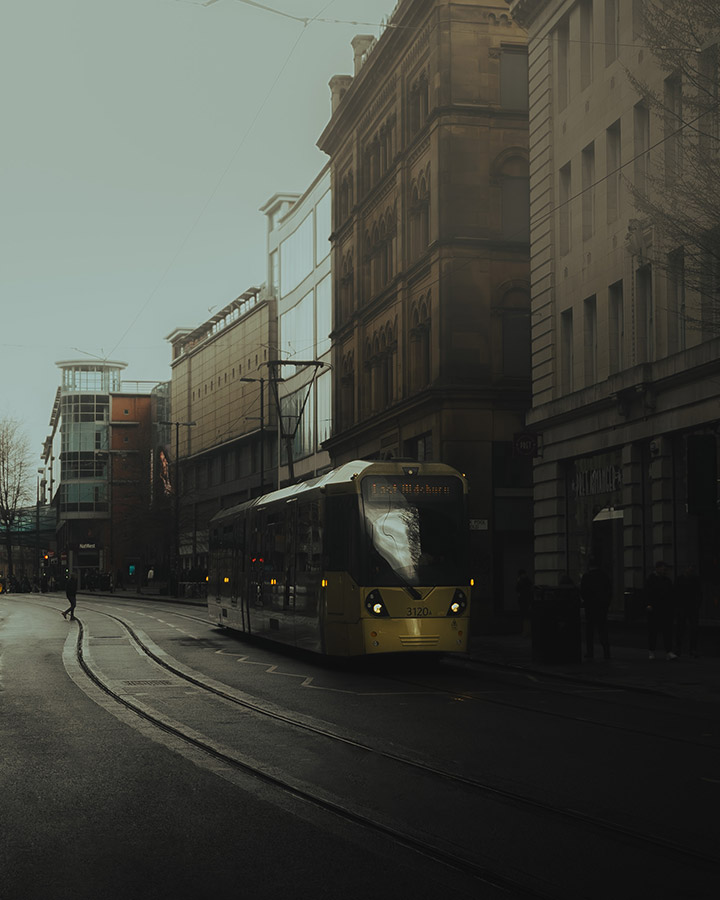street view of tram in manchester city