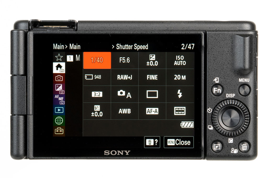 Sony ZV-1 Mark II rear view with menus