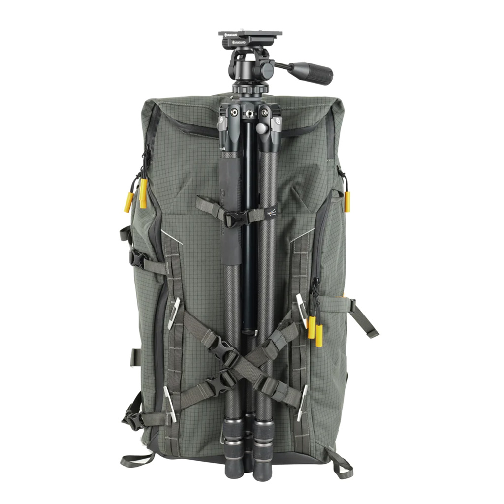 Vanguard VEO Active Birder 56 in green, front view against a white background with tripod attached with straps