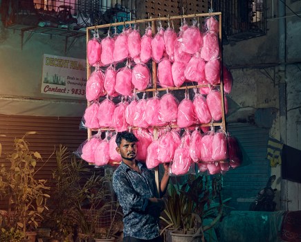 Pappu Jaiswal, a candy floss seller in Mumbai, India, on the streets near to Versova Beach