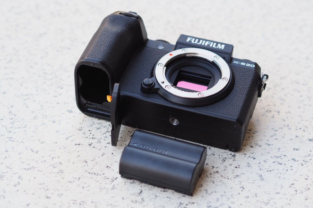 Fujifilm X-S20 with new larger battery. Photo Joshua Waller