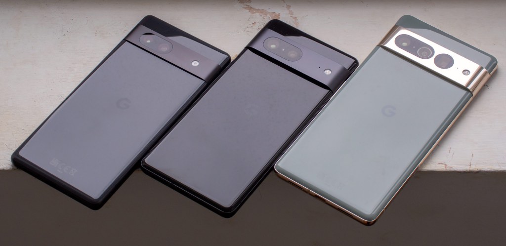 Google Pixel 7a, 7 (middle), and 7 Pro (right). Photo Joshua Waller / AP