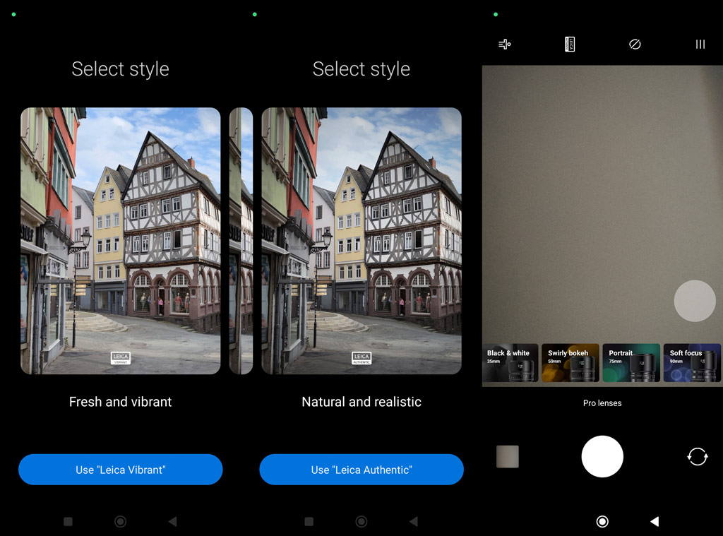 Screen shots showing the Leica Vibrant and Leica Authentic colour options, as well as the Master Lens modes.