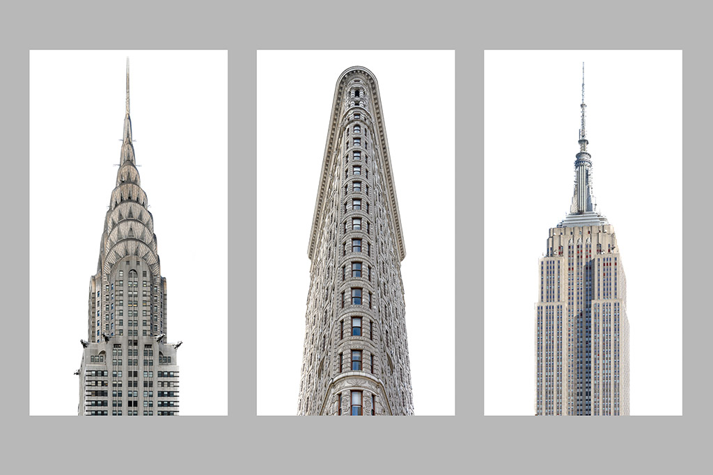 triptych of new york buildings Empire State Building, the Flat Iron Building and the Chrysler, NYC