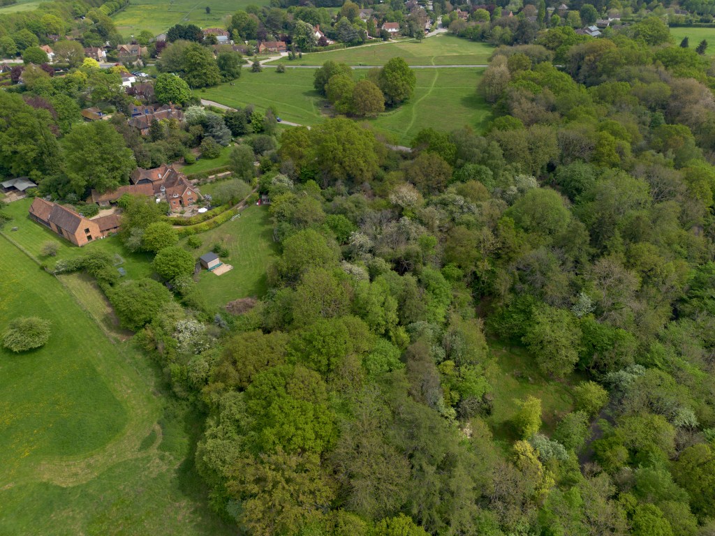 DJI Mini 3 drone sample photo, Bird's eye view of an urban landscape with woodland.