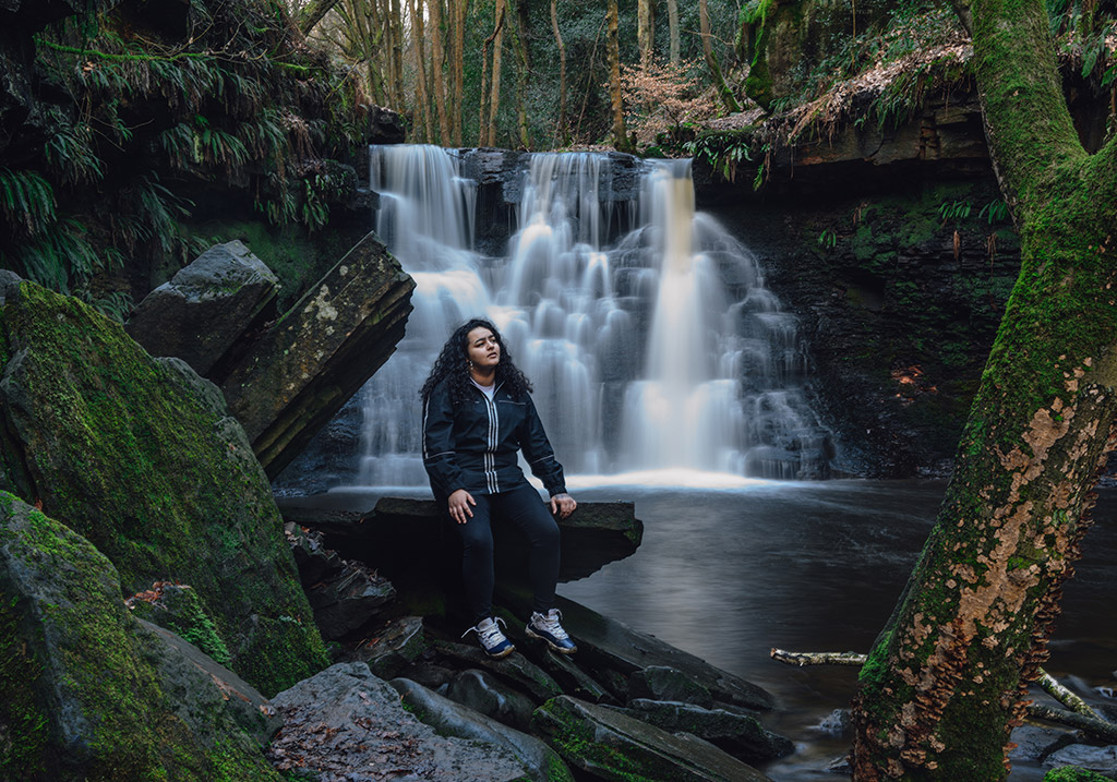 Kemi Gill, youth worker and musician, Goitstock Waterfall. ‘To me this is a very freeing space’