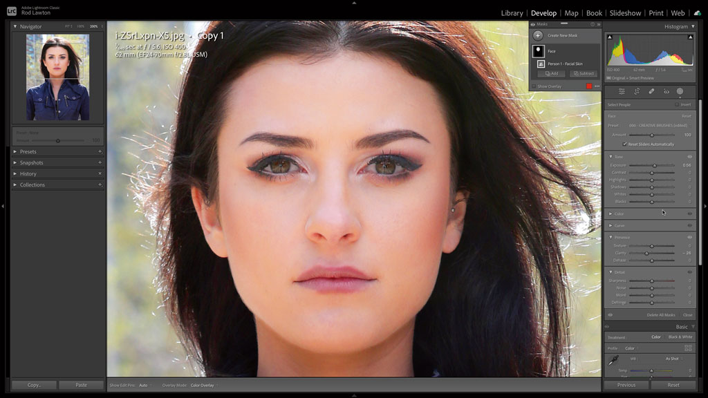 Using Lightroom adjustment sliders to fine tune the texture, colour and light of the masked area