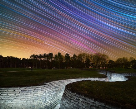 Astronomy Photographer of the Year 2023 shortlist. Star trails above the preserved First World War trenches in Canadian National Vimy Memorial Park, Northern France.