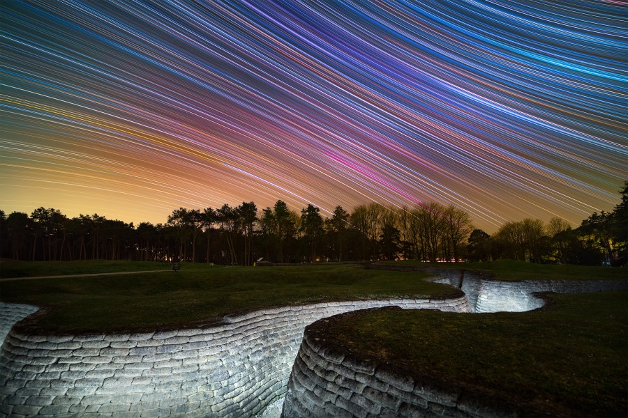 Astronomy Photographer of the Year 2023 shortlist. Star trails above the preserved First World War trenches in Canadian National Vimy Memorial Park, Northern France.