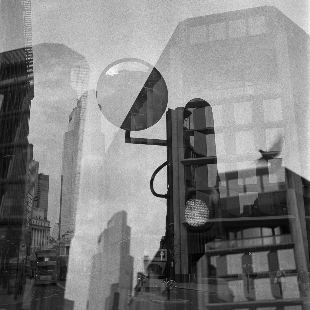 City of London accidental double exposure Rolleiflex Automat, Fomapan 400 developed in Ilford Ilfotec