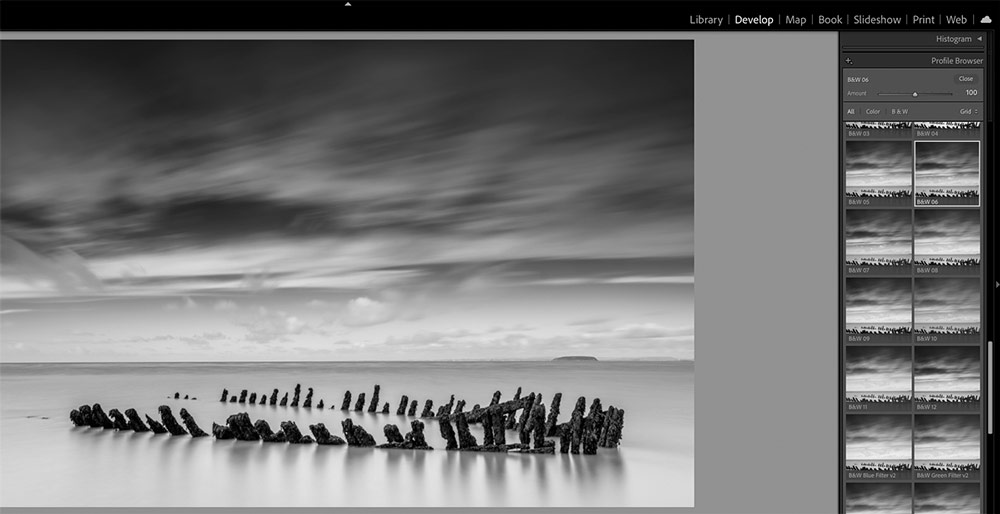 Lightroom interface for black and white editing, displaying an image of an old wooden shipwreck sticking out from the sand in Nornen beach near Burnham-on-Sea in Somerset. 