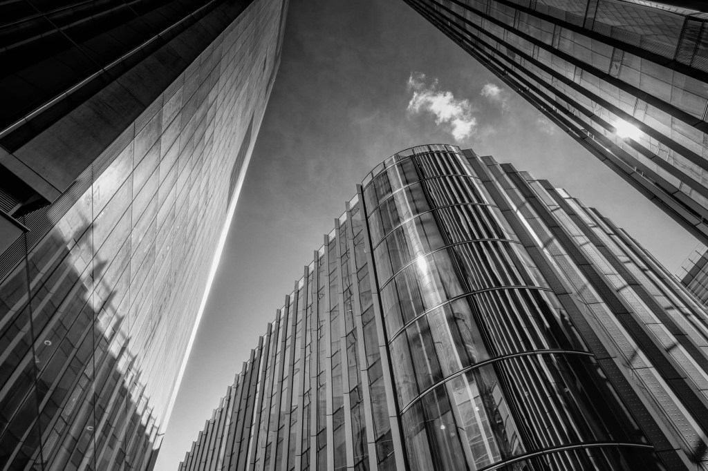 Black and white skyscrapers from a low angle. Nik Collection 6 test