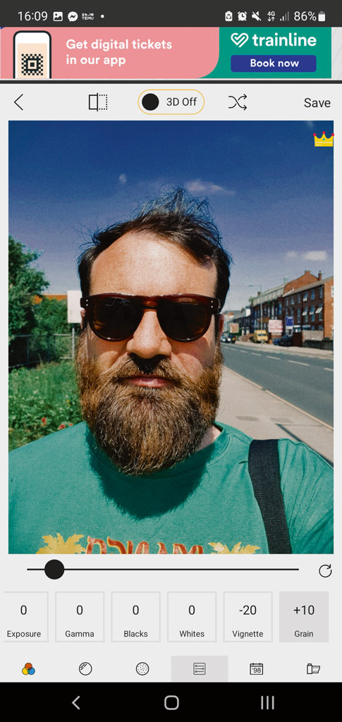 1998 Cam app test, portrait of Joshua Waller in green shirt and sunglasses